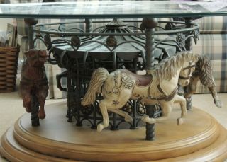 Carousel Rotating Glass Top Coffee Table With 4 Vintage Horses In Very Good Cond