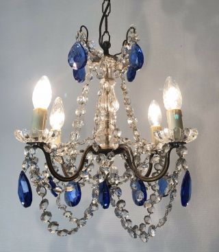 Vintage French Chandelier 4 Arm Crystal Ceiling Light With Sapphire Blue Glass