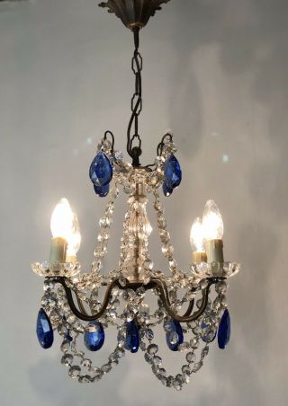 Vintage French Chandelier 4 Arm Crystal Ceiling Light With Sapphire Blue Glass 2