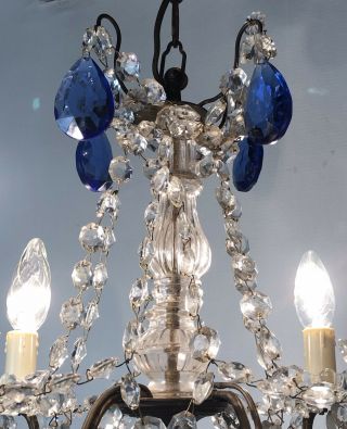 Vintage French Chandelier 4 Arm Crystal Ceiling Light With Sapphire Blue Glass 3
