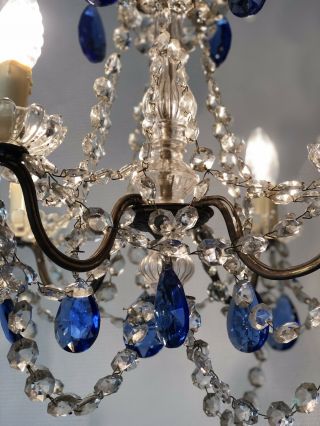 Vintage French Chandelier 4 Arm Crystal Ceiling Light With Sapphire Blue Glass 4