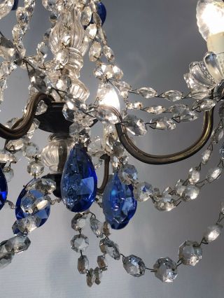 Vintage French Chandelier 4 Arm Crystal Ceiling Light With Sapphire Blue Glass 5