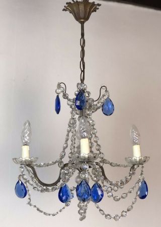 Vintage French Chandelier 4 Arm Crystal Ceiling Light With Sapphire Blue Glass 6