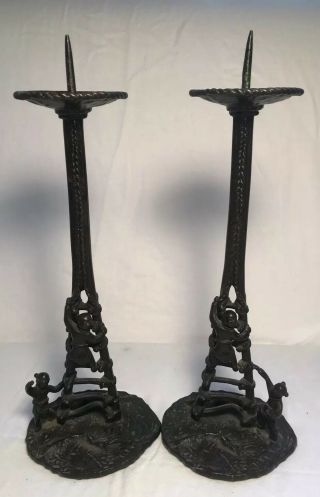 Pair 17th C.  Chinese Ming/qing Bronze Pricket Stands Candlesticks,  Boys Climbing