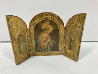 Vintage Religious Wood Icon Triptych Madonna & Two Angels 3 1/2 " X 5 1/4 "