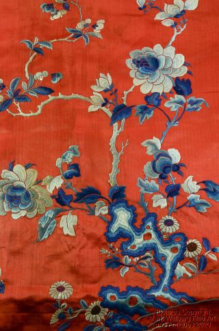 Chinese Embroidered Red Silk Chair Cover,  Textile,  Flowers,  Late Qing Dynasty 3