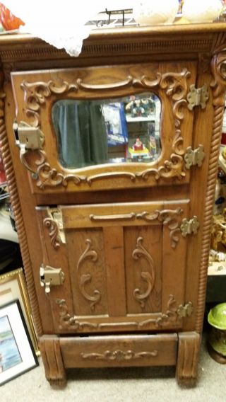 Antique Carved Oak Lion Head Belding’s National Ice Box - Mirrored Front Door