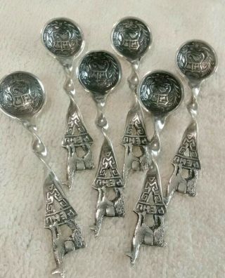 Set Of 6 Vintage Sterling Silver Salt Spoons From Peru Llama Or Alpaca Design