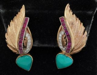 Antique 14k Gold 2.  35ctw Vs Diamond/ruby & Heart Turquoise Clip - On Leaf Earrings
