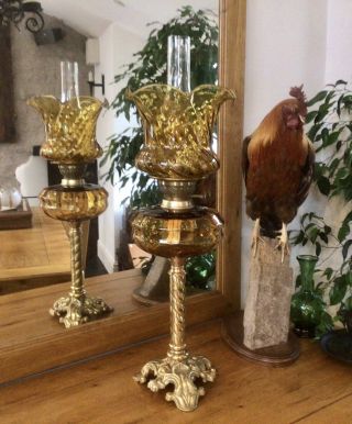 Antique Victorian Duplex Oil Lamp Amber Glass Font & Shade Brass Column Base