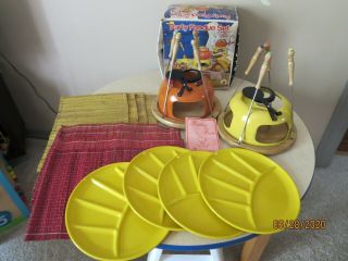 Vintage Fondue Set With Pot Stands Boards Forks Plates Placemats