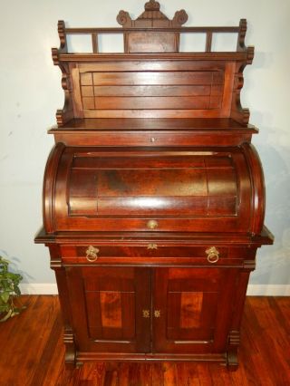 Antique Walnut Victorian Cylinder Roll Top Desk Home Office Use