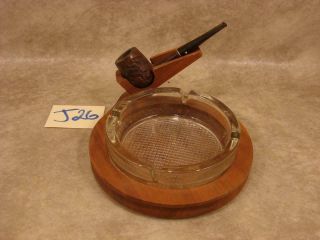 J26b Vintage Wood Base Clear Glass Ashtray With Wooden Pipe Holder Deco