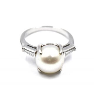 Antique Art Deco Large 11mm Pearl Diamond Accent Solitare Ring Platinum Size 6