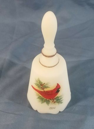 Vintage Fenton Hand Painted Ivory Satin Cardinal Bell Artist Jeanne Cutshaw 2