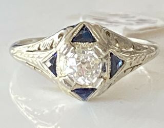 18 K White Gold Antique Art Deco Diamond Sapphire Engagement Ring