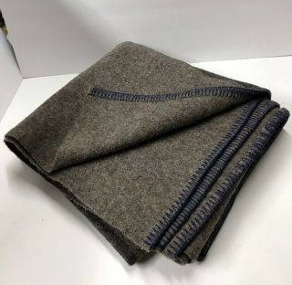 Vintage Black Stripe Wool Blanket 58 " X 60 " Brown Blue Thread Hems (bk)