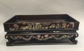 Finest Antique Chinese Qing Inlaid Mother Of Pearl Wood Tray Stand Scenic Nr