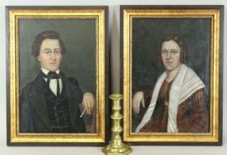 A Great 19th C American Folk Art Portraits Man And Wife Oil/artist Board