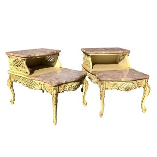 Vintage French Provincial Ornate Rococo Louis Xvi Pink Marble End Tables A Pair