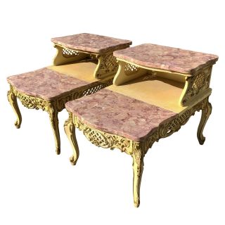 Vintage French Provincial Ornate Rococo Louis XVI Pink Marble End Tables A Pair 2