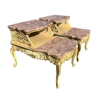 Vintage French Provincial Ornate Rococo Louis XVI Pink Marble End Tables A Pair 3