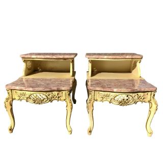 Vintage French Provincial Ornate Rococo Louis XVI Pink Marble End Tables A Pair 4