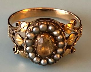 Antique Early Victorian Golden Topaz Seed Pearl Ring 14k Yellow Gold Foil Backed