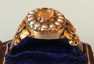 Antique Early Victorian Golden Topaz Seed Pearl Ring 14k Yellow Gold Foil Backed 3