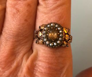 Antique Early Victorian Golden Topaz Seed Pearl Ring 14k Yellow Gold Foil Backed 4