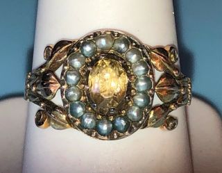 Antique Early Victorian Golden Topaz Seed Pearl Ring 14k Yellow Gold Foil Backed 5