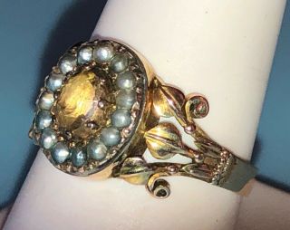 Antique Early Victorian Golden Topaz Seed Pearl Ring 14k Yellow Gold Foil Backed 6