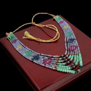 Antique Vintage Nouveau Mughal Sapphire Emerald Ruby 7 Strand Wedding Necklace