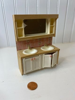 Vintage Lundby Dollhouse Pink Bathroom Vanity Sinks Cabinets Mirror 1:16