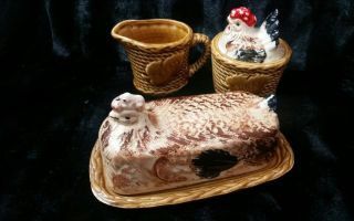 Vintage Rossini Chicken Hen Covered Butter Dish With Creamer & Sugar Set Japan