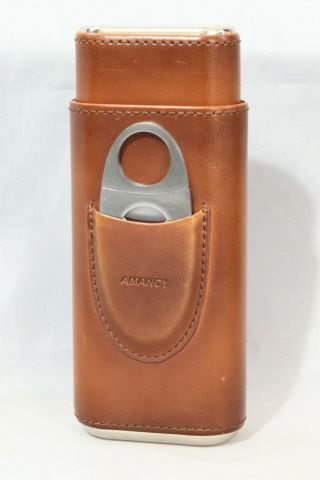 Amancy Top Quality 3 - Finger Brown Leather Cigar Case,  Cedar Wood