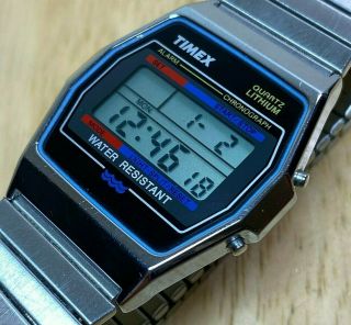 Vintage Timex Men Metal Case Stretch Digital Alarm Chrono Watch Hour Battery