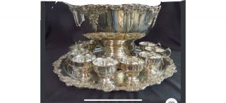 Wallace Baroque Silverplate 15 Pc Punch Bowl Set 12 Cups 21 " Tray & Ladle