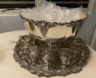 Wallace Baroque Silverplate 15 pc Punch Bowl Set 12 Cups 21 