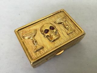 Antique Victorian Memento Mori 18k Gold Plated Garnet Skull Poison Pill Box