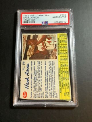 1962 Post Canadian Hand Cut 149 Hank Aaron Milwaukee Braves Psa Authentic