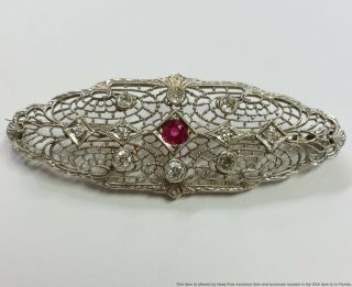 Antique Extremely Fine Filigree Ruby Old Cut Diamond Platinum Top 14k Wg Brooch