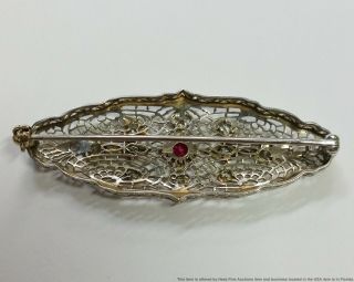Antique Extremely Fine Filigree Ruby Old Cut Diamond Platinum Top 14k WG Brooch 2