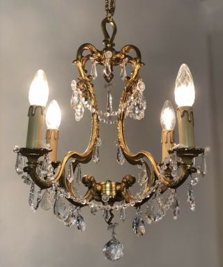 Vintage French Chandelier 4 Arm Crystal Ceiling Light Inc Sconces