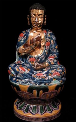 1930s Chinese Gilded Hand Enamelled Porcelain Figure Of Seated Buddha Dbl Lotus