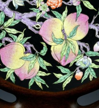 FINE LARGE CHINESE FAMILLE ROSE NOIR ENAMEL NINE PEACHES CHARGER PLATE & STAND 6