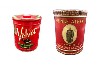 Vintage Set Of 2 Prince Albert Crimp Cut Velvet Pipe Cigarette Tobacco Tin Can