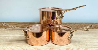 Set Of 3 Helvetia Leon Jaeggi Copper Saucepans Lidded Retinned Heavy Guage