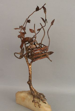 Orig Curtis Jere Art Modern Bronze Treehouse Tree Fort Boy Squirrel Sculpture