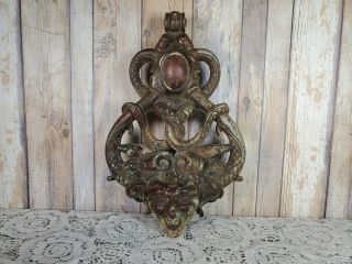 Massive Antique Bronze Door Knocker Devil Satyr Mask Snakes Doorknocker
